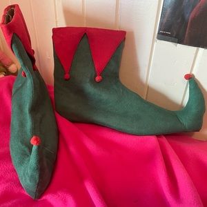 Mens Christmas Elf Costume Shoes in Red and Green with Pompoms Xmas